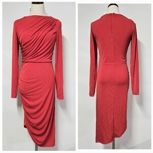 H&M Small Ruched Red Midi Coctail Party Career Sheath Longsleeve Bodycon Dress